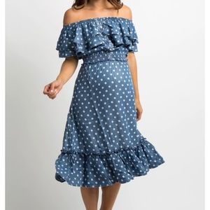 Polka Dot Chambray Smocked Maternity Dress